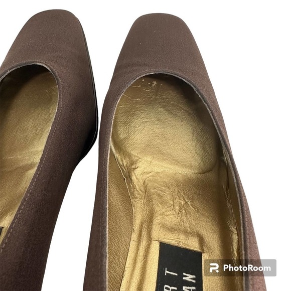 STUART WEITZMAN brown fabric/satin leather classic heel pumps shoe size 8.5 AA - Picture 7 of 13